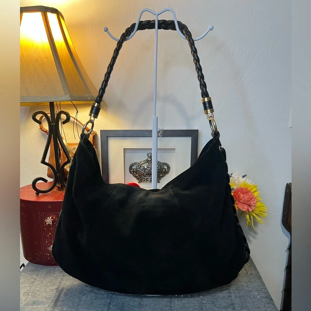 Tahari Black Suede & Braided Braided Leather Shoulder Bag